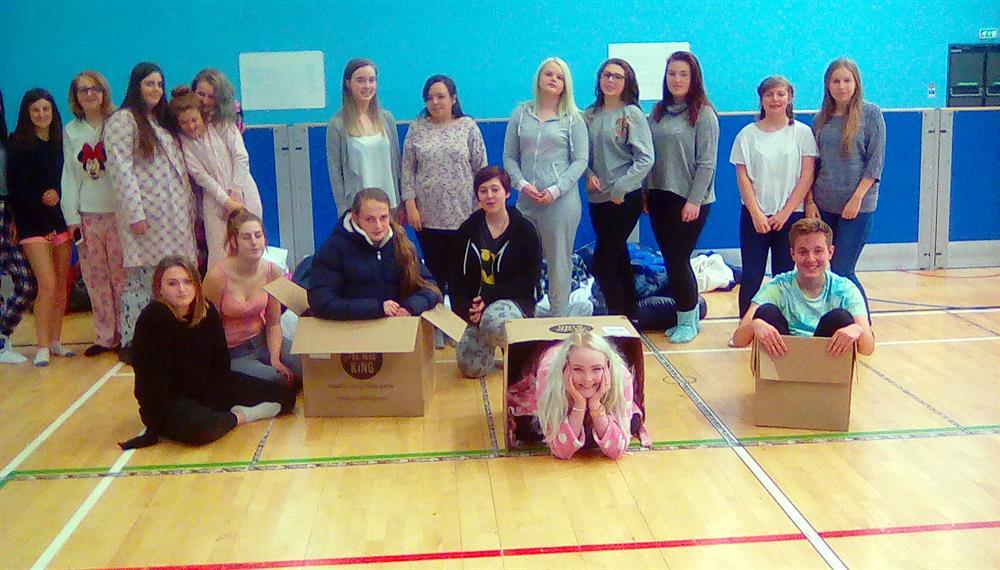 Childcare students spent the night in the college's sports hall to raise funds to support the Mansfield Soup Kitchen