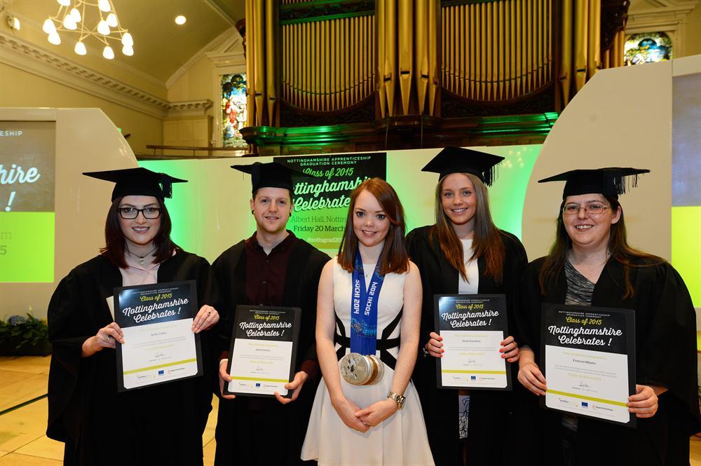 Medal-winning Paralympian Jade (centre) with graduating apprentices (from left) Beth Colley, James Davies, Sarah Schofield and Frances Mayes.