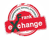 Frank Exchange logo featuring a red stamp design with the words 'Transparency, Service, Efficiency'.