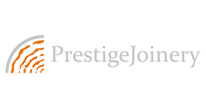 Prestige Joinery logo with an orange wood-grain graphic and stylised text.