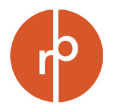 A circular orange logo with the letters 'r' and 'p' divided by a vertical line in white.