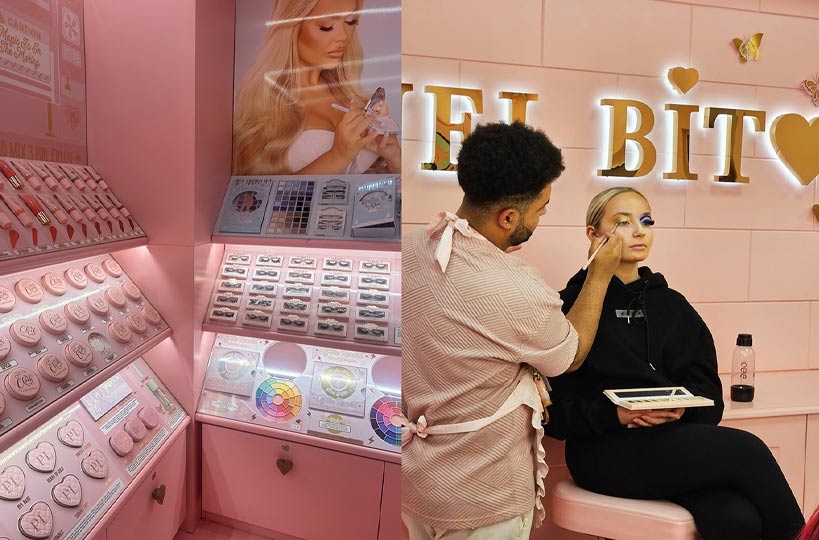 Level 2 and 3 Make-up Artistry students at PLouise Academy at its popular 40,000 square foot ‘Barbie pink’ HQ and warehouse in Stockport, Manchester.