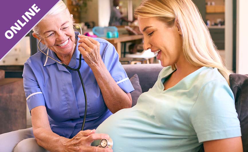 A midwifery student practicing with a baby mannequin, highlighting midwifery training.