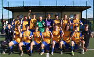 Image of jubilant players from West Nottinghamshire College – MTFC celebrate their league win, following their 3-0 home victory against Moulton College at the Stags’ The RH Academy.