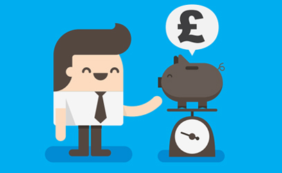Illustration of a man next to a piggy bank sat on top of some scales.