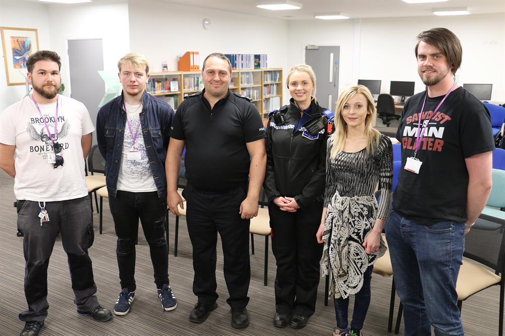 Pictured (from left to right) are students Paul Cohen and Reece Haynes, Sgt Carl Holland, PCSO Sarah Keightley, and students Shannon Vincent and Zak Beilby.
