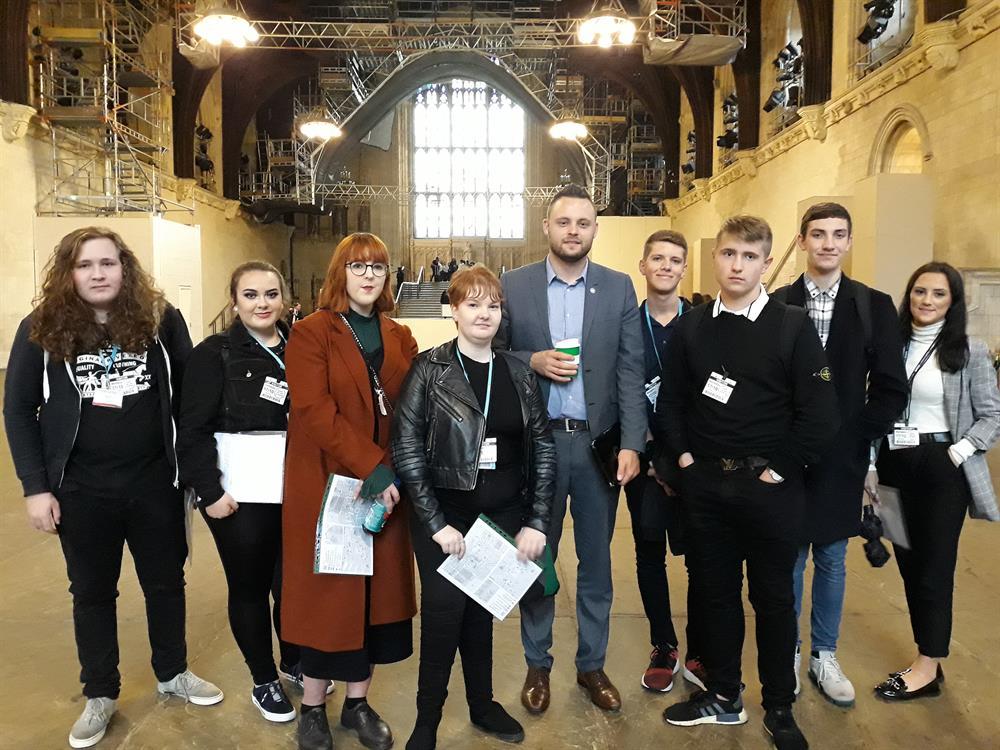 Politics students and SU president Robyn Hodgson (right) with Mansfield MP Ben Bradley (centre) in Westminster.