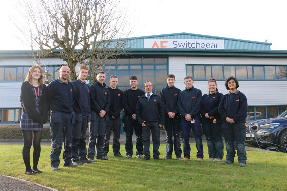 Some of the AF Switchgear apprentices who featured in a college case study in 2022 with manager Mike Ratcliffe (centre)