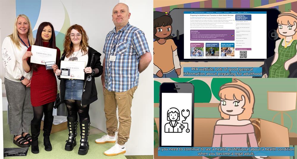 Lead work placement co-ordinator Natalie Senior, students Sarah Holland and Millie Burton and design and media learning company specialist Anthony Hall  montage