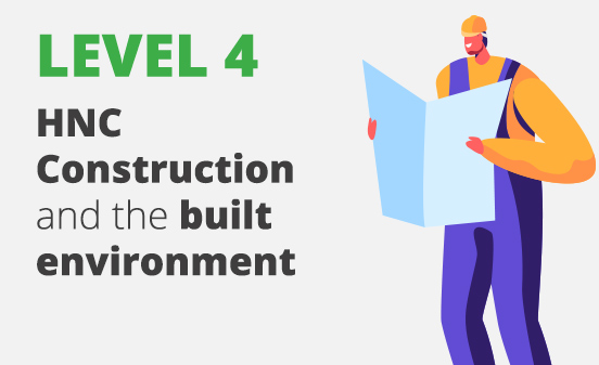 Illustration of a construction worker with the text Level 4 HNC Future Homes Design and Construction