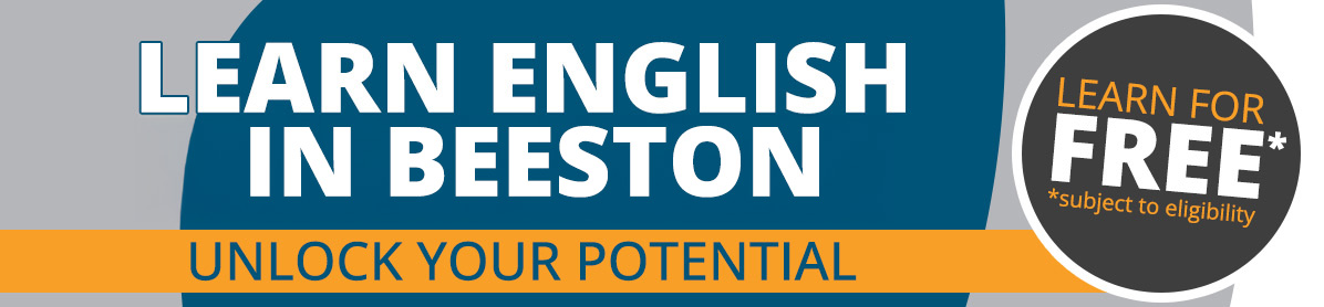 Header image saying ESOL Beeston unlock your english potential. LEARN FOR FREE!