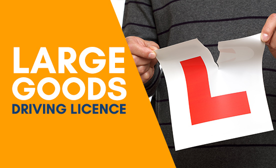 Image saying large goods driving licence with a photo of a man tearing up a L plate.